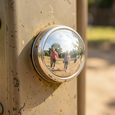 A drinking fountain button, the chrome pressed by thousands of tiny thumbs to a 