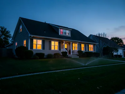 Suburban house at twilight, every window glowing a different color, sprinkler ru