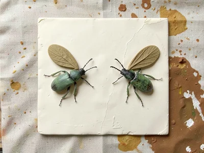 Trio of beetles arranged tail-to-head with wings half-spread, pinned without pin