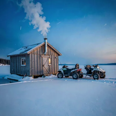 Photograph with Alaskan Arctic sensibility, Ice fishing shack on a frozen lake, 