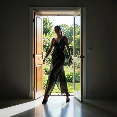 Key silhouette filled with door opening to bright garden, double exposure