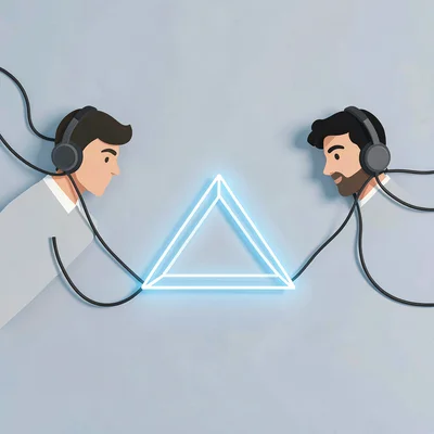 Flat vector illustration of two players in headsets connected by a glowing geome