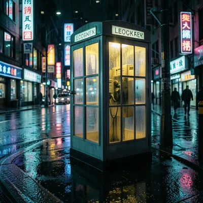 A phone booth (the last one) glowing warm yellow on a dark rainy street corner, 