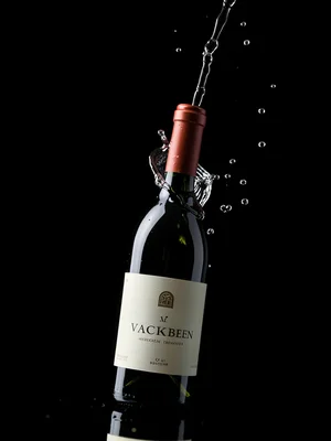 Wine bottle with suspended pour, liquid frozen mid-air by strobe
