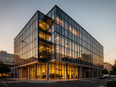 Glass and steel modern office building exterior at golden hour, warm light from 