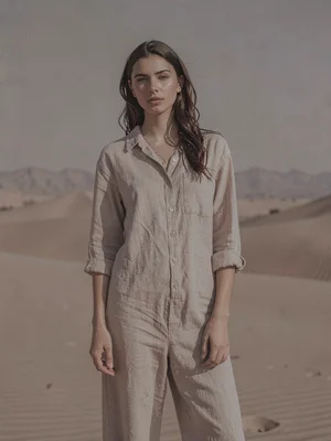 Model in neutral linen against desert