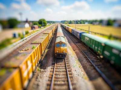 Cargo train tilt-shift photograph from a bridge over a marshalling yard, saturat