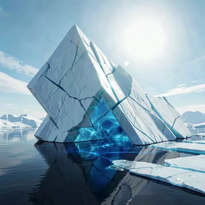 A square panel of broken sea ice tilts upward, exposing translucent blue undersi