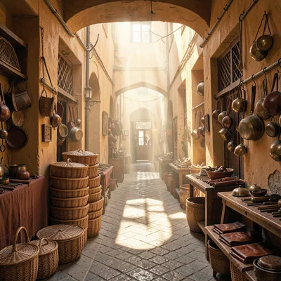 Fes medina light penetration, souk depth, stack of round reed baskets, each one 