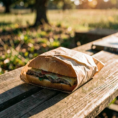 Hot Texas afternoon scene of a paper-wrapped sandwich resting on a sunlit picnic