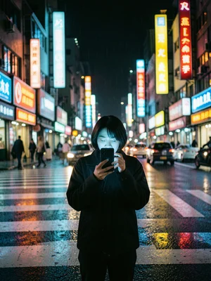 Person standing at a crosswalk, face lit by phone screen, neon cityscape behind