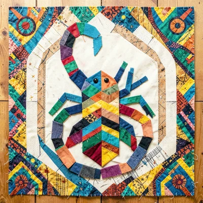Panamanian mola textile illustration, a scorpion with geometric body segment lay
