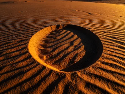 Barchan dune crescent shadow at sunset, perfect horseshoe shape cast on flat des