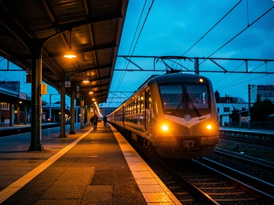 A train platform at dusk, warm station lights against the cold blue sky, a train
