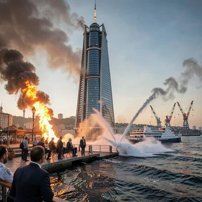 Oil-baron nouveau meeting Flame Tower modernity in windy Baku, ferry crossing Ca
