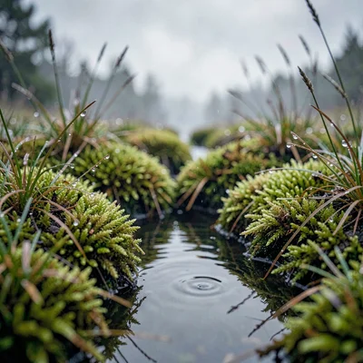 quiet hummock of peat moss after rain, water beading along the tips, faint refle