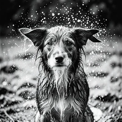 A wet dog shaking water from its fur, droplets frozen mid-flight in a halo aroun