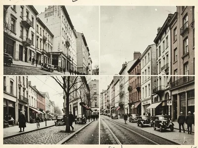 Street scene where buildings are cut from different photos at different scales, 