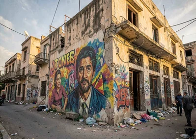 Mediterranean hard light on Beirut's wounded elegance, street art mural on damag