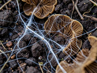 Mycelium network threads in a soil cross-section — fine white filaments through 