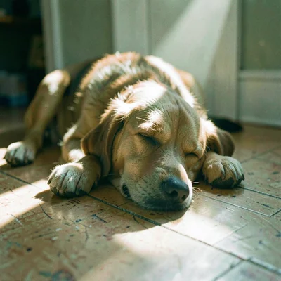 Dog sleeping in a sunbeam on worn linoleum, focus so soft the scene could be a d