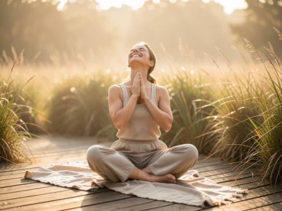 A person doing yoga on a wooden deck surrounded by tall grass, eyes closed, morn