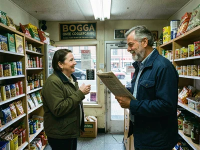 Bodega regular chatting with owner, newspaper in hand, morning ritual repeated
