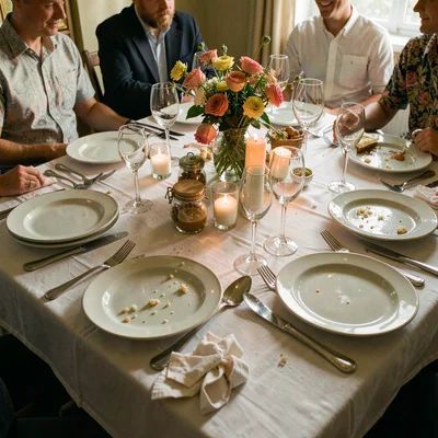Mid-feast table scene, abundant hospitality, Empty plates stacked after a meal, 