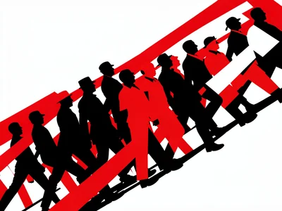 Crowd of figures marching diagonally, overlapping angular silhouettes