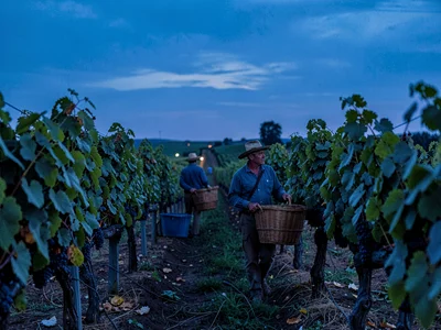 Grape pickers heading home through vineyard rows at blue hour, baskets heavy