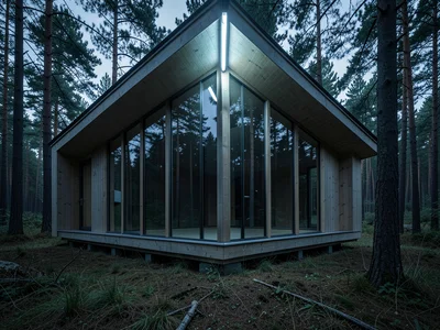 Modern wooden cabin in a forest clearing, floor-to-ceiling windows reflecting pi
