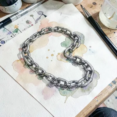 Pen-and-ink study of a chain detached and laid in an S-curve on a workbench, oil