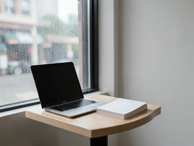 Laptop and notebook on a small table at a minimalist cafe, rainy window behind