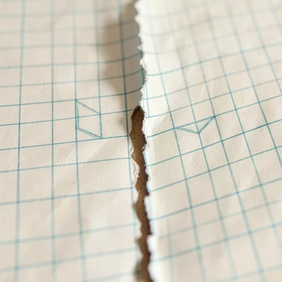 Close macro of a sheet of pale-blue gridded planning paper torn down the middle,