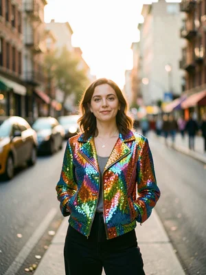Person in rainbow sequin jacket on city street, confident pose, sunset