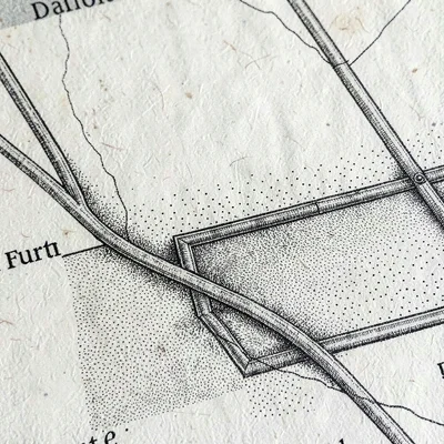 Course-map detail of a final furlong with stippled turf and fine ink rail