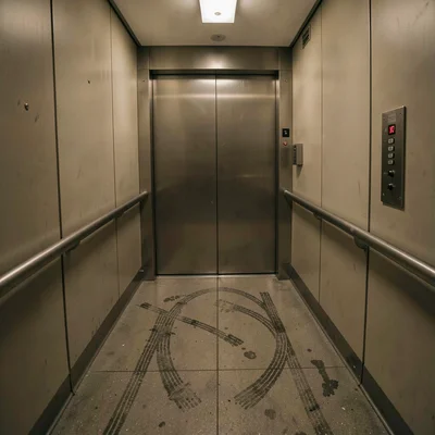 Hospital elevator interior with gurney wheel marks on floor