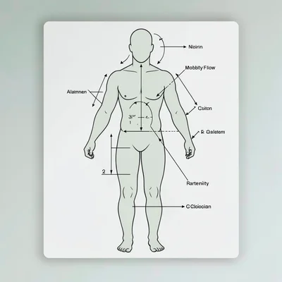 Anatomical program-card of a mobility flow shown as a body silhouette with annot