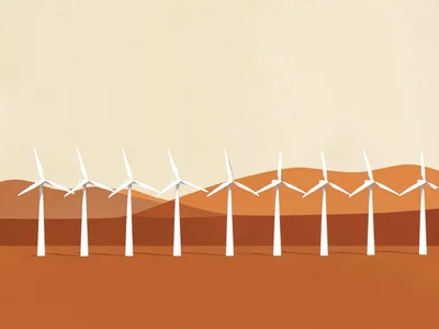 Even-spaced row of white wind turbines walks across a rust-orange plain under a 