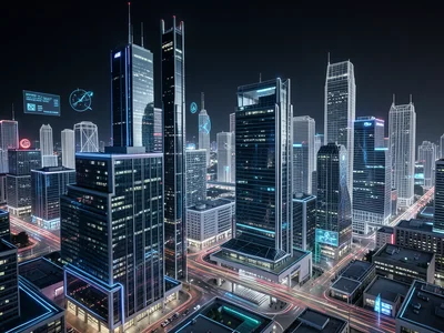 Cityscape where foreground buildings are fully rendered, background fades to wir