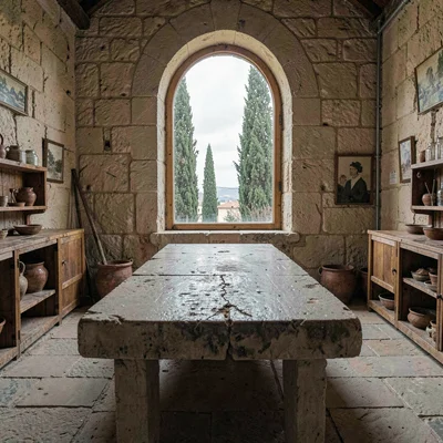 inside a Lebanese mountain monastery refectory at overcast noon, long stone tabl