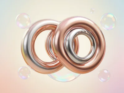 Interlocking glossy rings in rose gold, silver, and copper, floating on a warm c