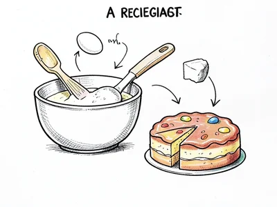 A recipe doodle: mixing bowl with arrows to ingredients (egg, flour, butter, sug