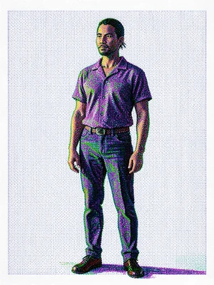 Standing figure in full afternoon light, shadow side a vibrating array of violet