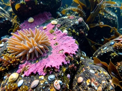 Coralline algae crust on tide pool rock, pink-purple calcified surface with new 