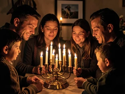 Menorah candles lighting family faces, the Hanukkah glow, eight nights of fire