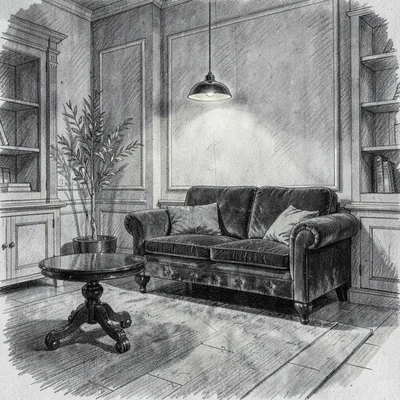 Atmospheric charcoal interior of a parlour-style showroom with claw-foot tables,