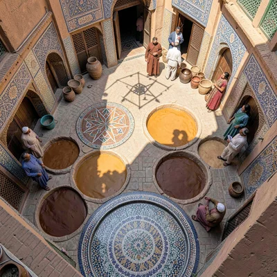 Geometric shadow play in Marrakech medina, leather tannery vats from above, circ