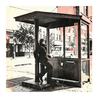 Risograph-style illustration, person at bus stop , spot color layer simulation, 
