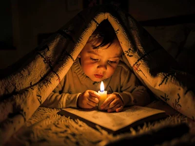 Child reading under covers with flashlight-shaped candle, the before-electricity